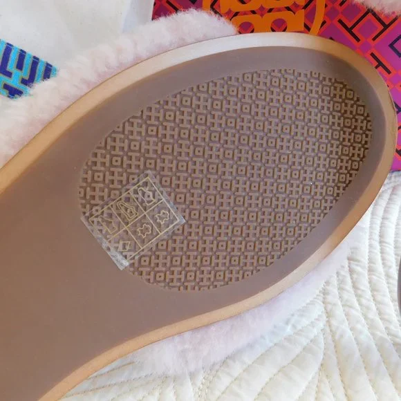 New Tory Burch Aspen Shearling sandals Sea Shell pink crystal embellished slides - Picture 10 of 16